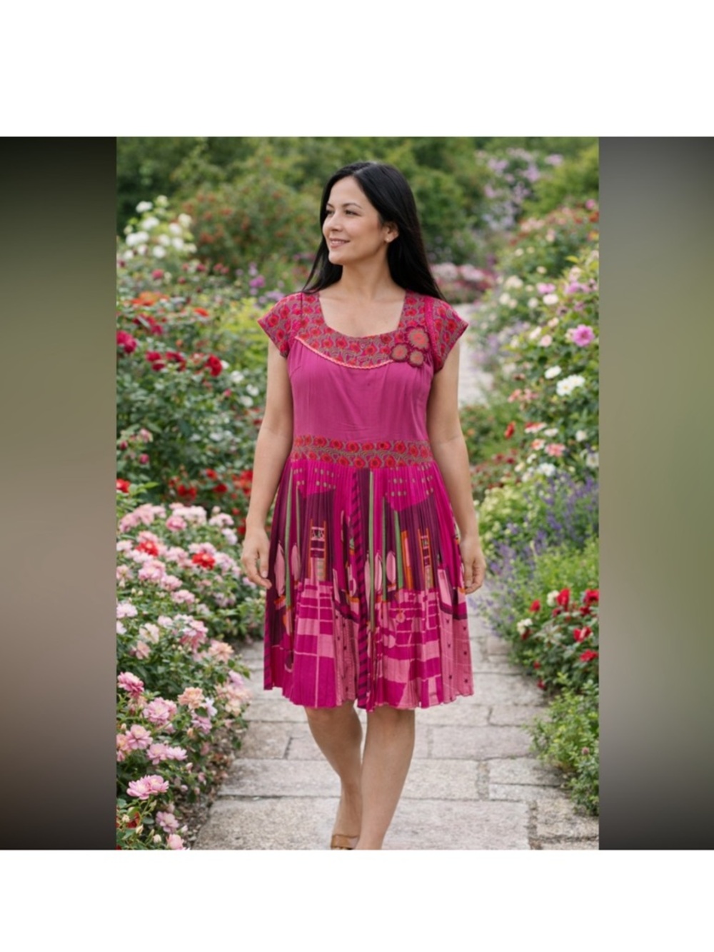 Vintage Rosalina Mc Gee Pink Floral Trim Pleated Embroidered Lace Sundress  L.
